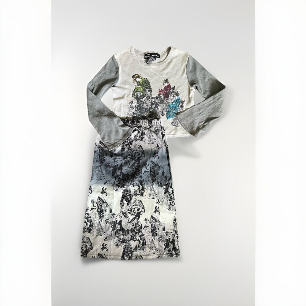 No Boundaries VTG Y2k Kids Girls 4/5 Skirt top Matching set Geisha Asian Gray